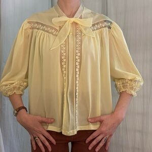 Yellow Floral Lace Blouse Vintage 1960s Coquette Cottagecore